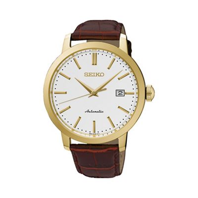 Gents Stainless Steel/Gold Plate 3-Hand Leather Strap Watch srpa28k1